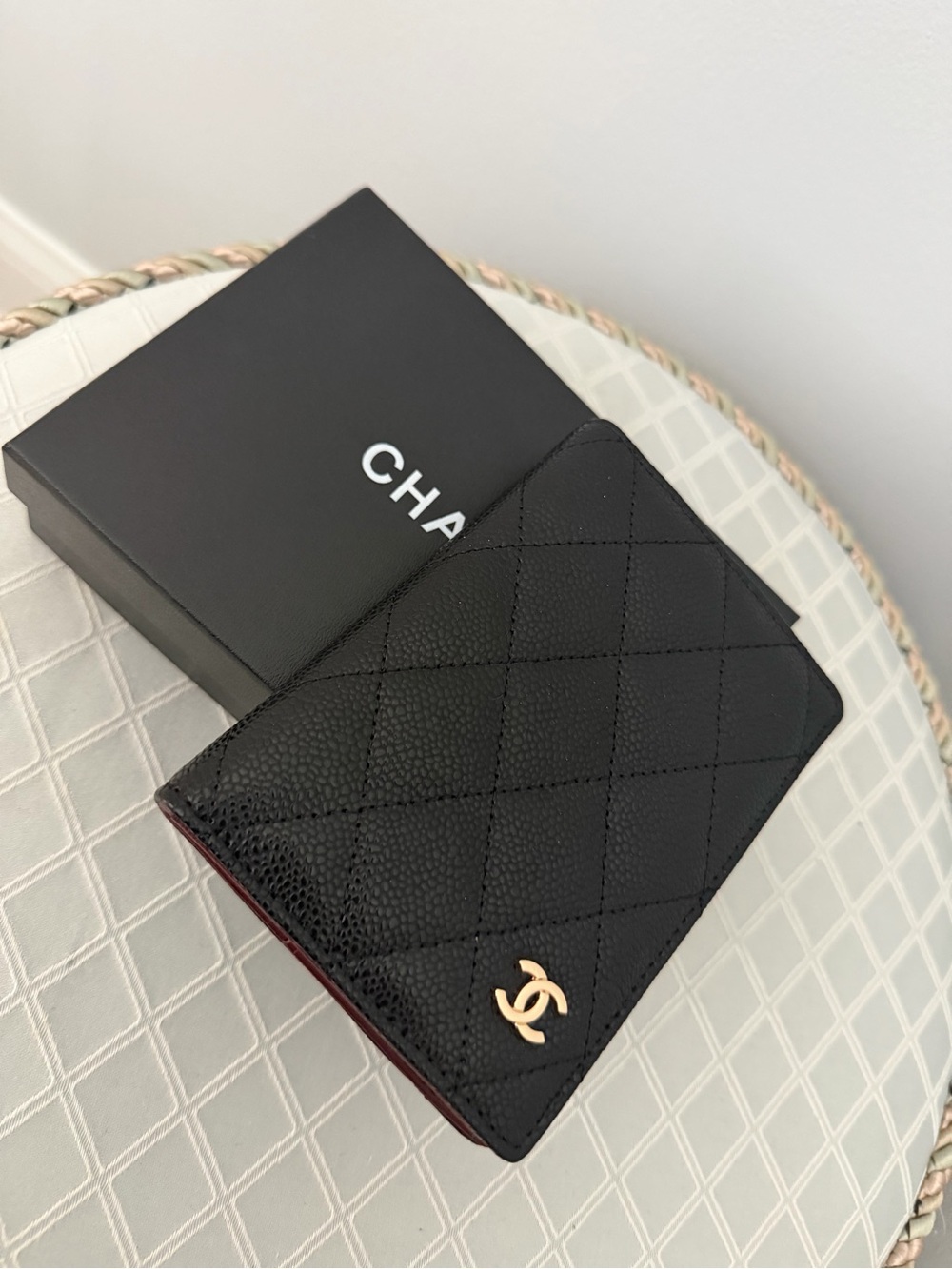 CC Black quilted passport Holder with Gold CC